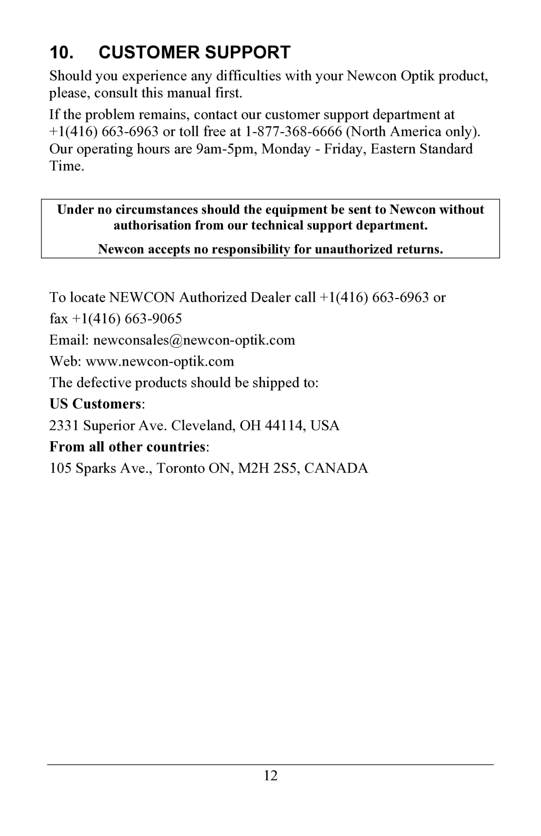 Newcon Optik NVS 22-2XT operation manual Customer Support 