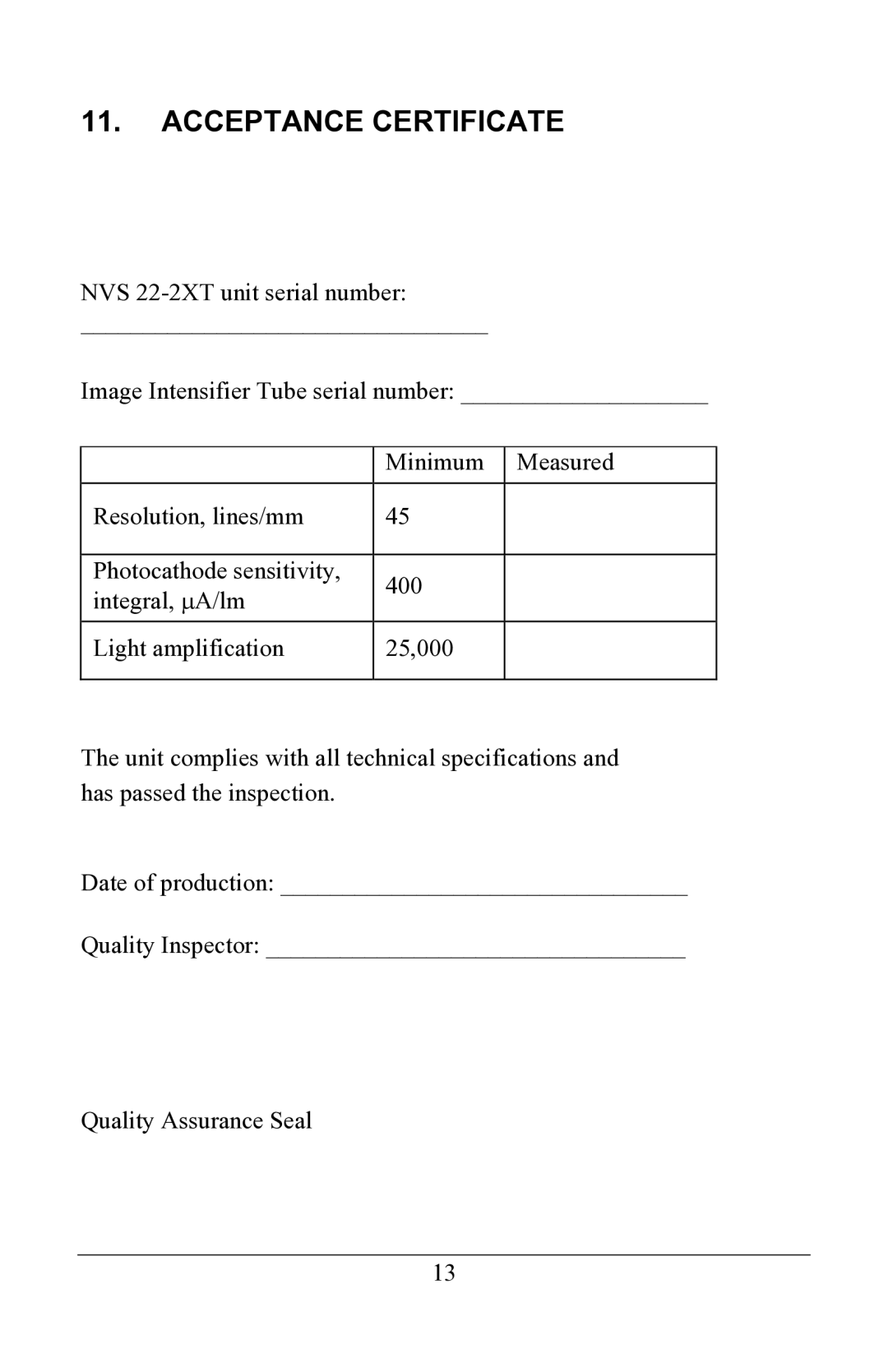 Newcon Optik NVS 22-2XT operation manual Acceptance Certificate 