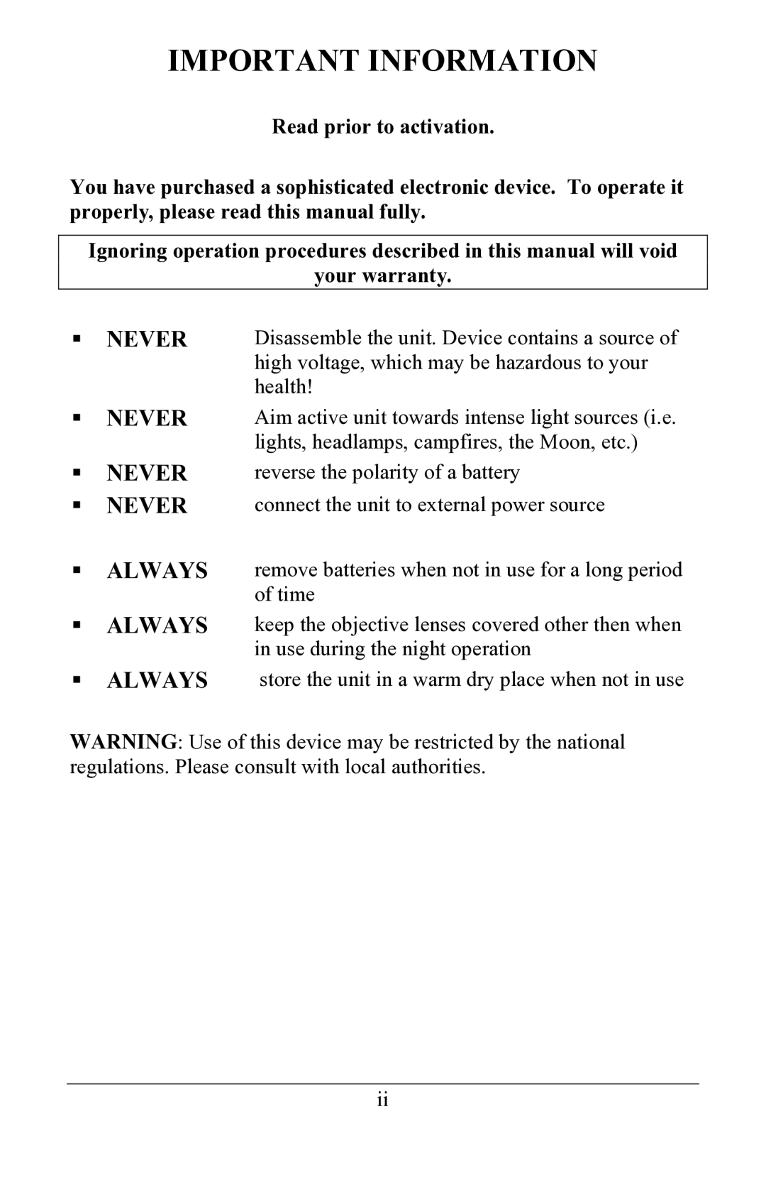 Newcon Optik NVS 22-2XT operation manual Important Information 