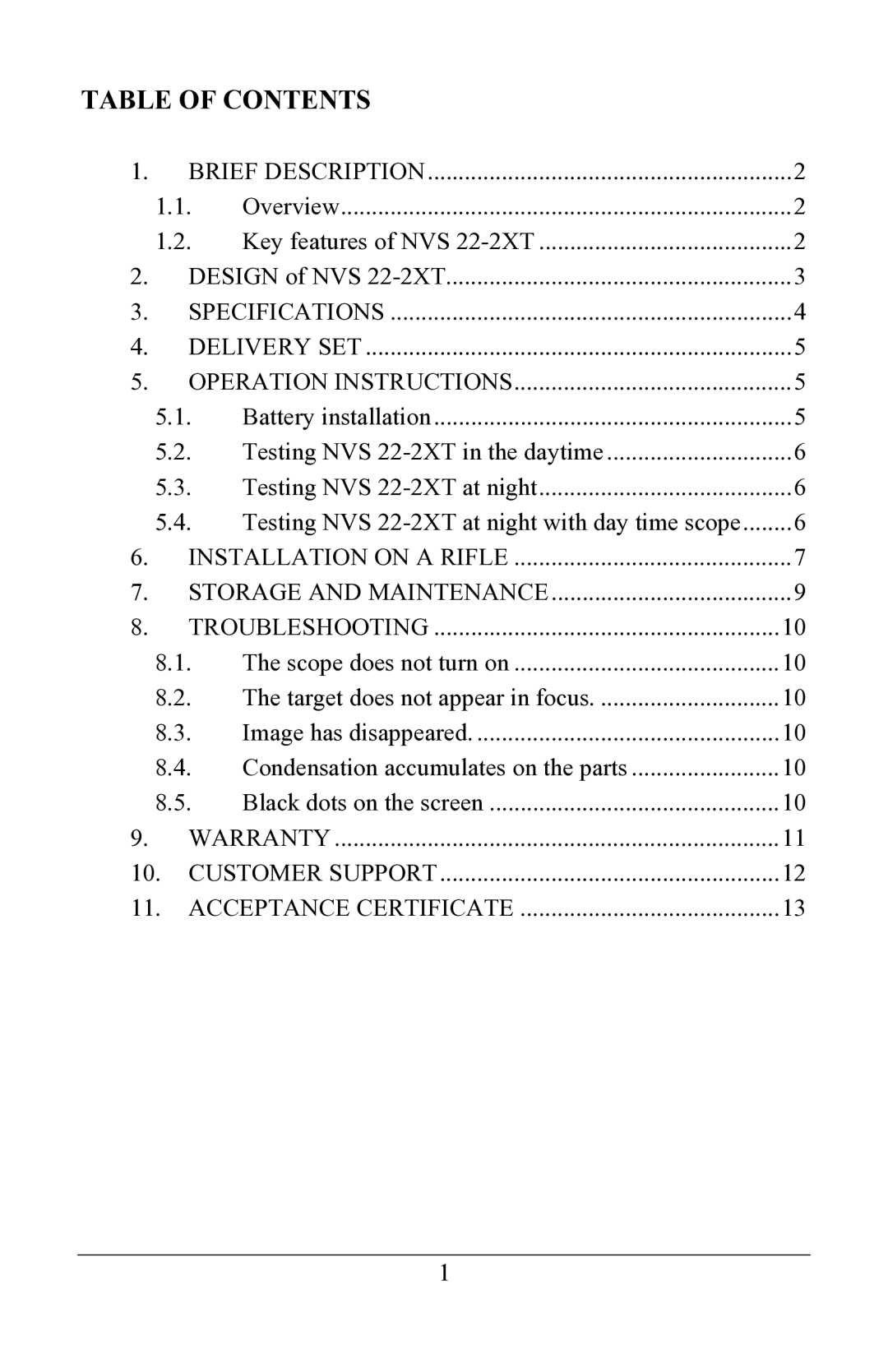 Newcon Optik NVS 22-2XT operation manual Table of Contents 