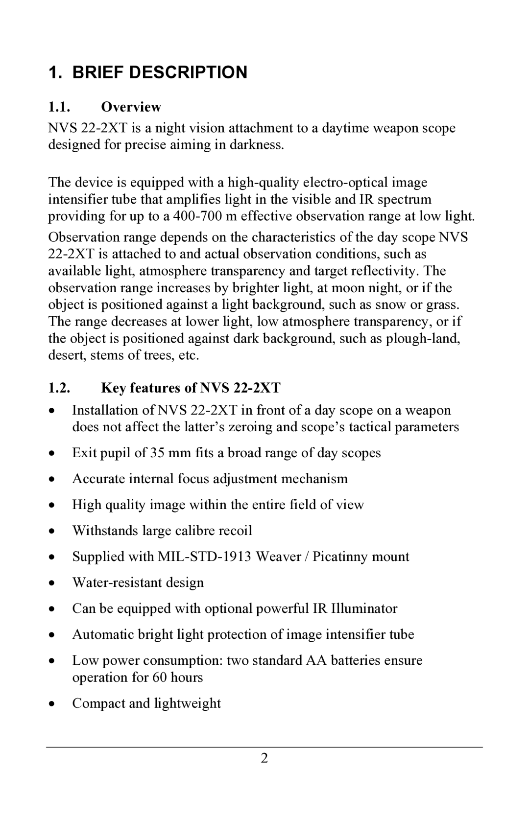 Newcon Optik NVS 22-2XT operation manual Brief Description, Overview 