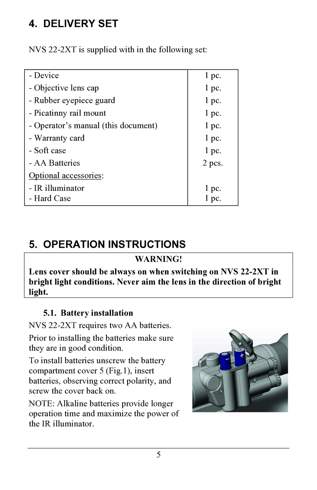 Newcon Optik NVS 22-2XT operation manual Delivery SET, Operation Instructions 