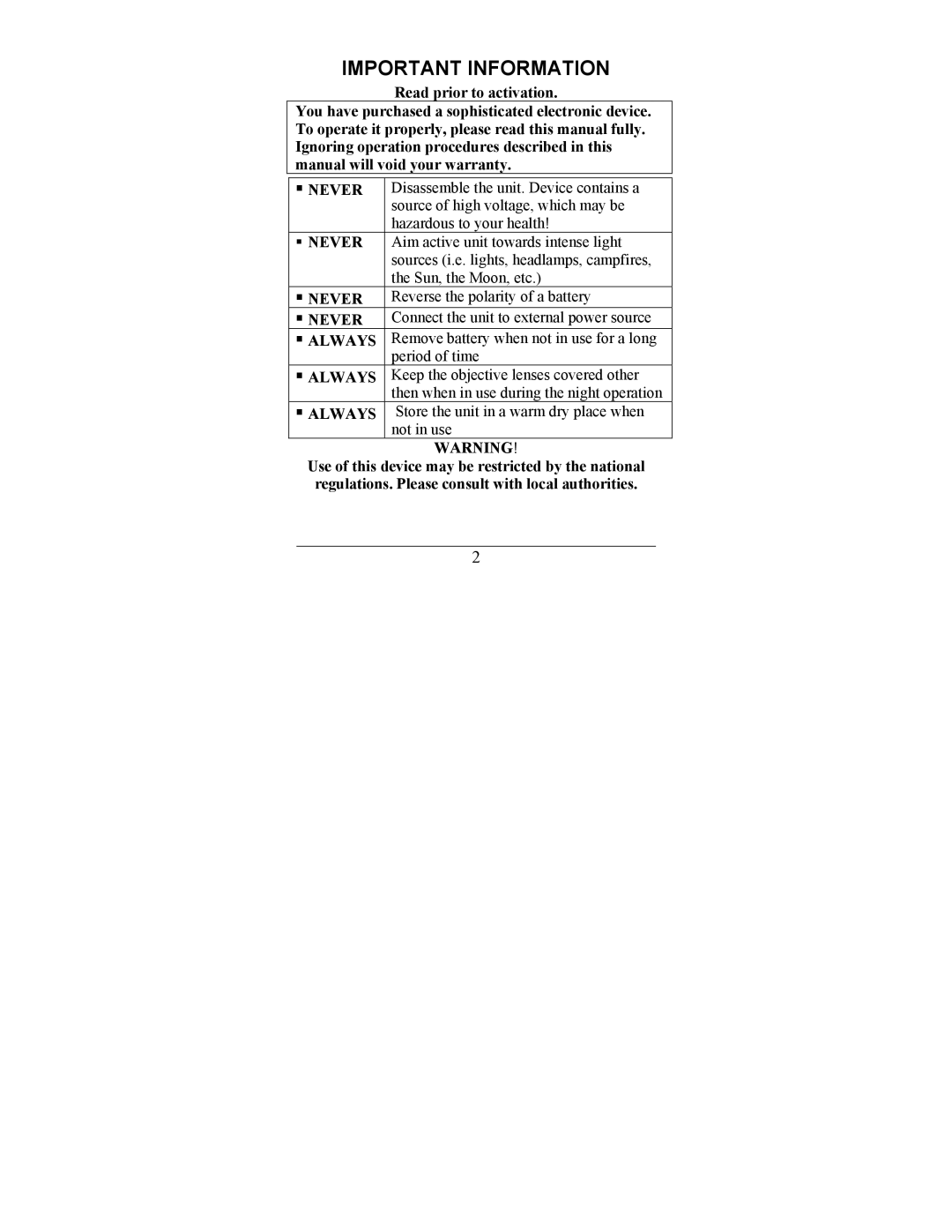 Newcon Optik NVS-33 operation manual Important Information,  Never 