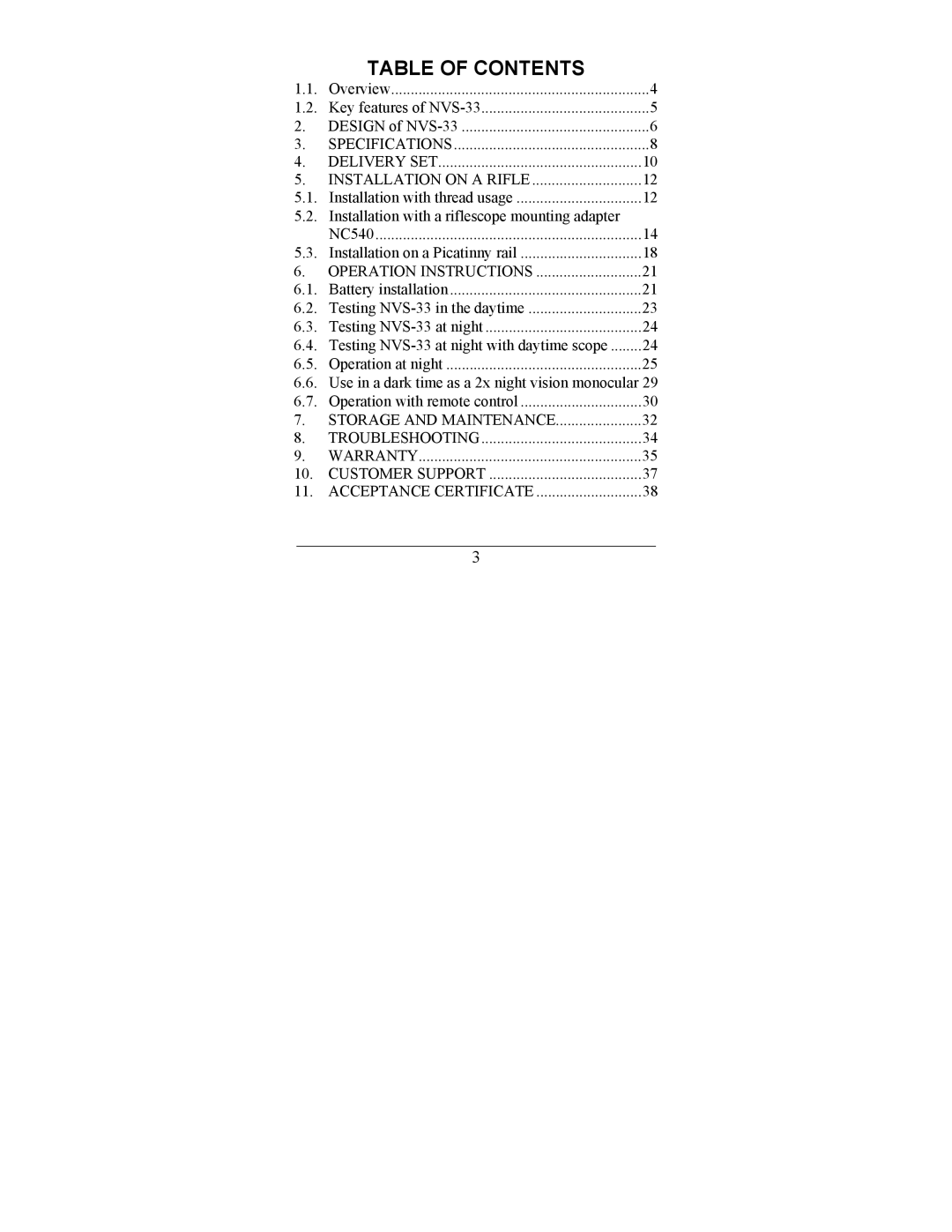 Newcon Optik NVS-33 operation manual Table of Contents 