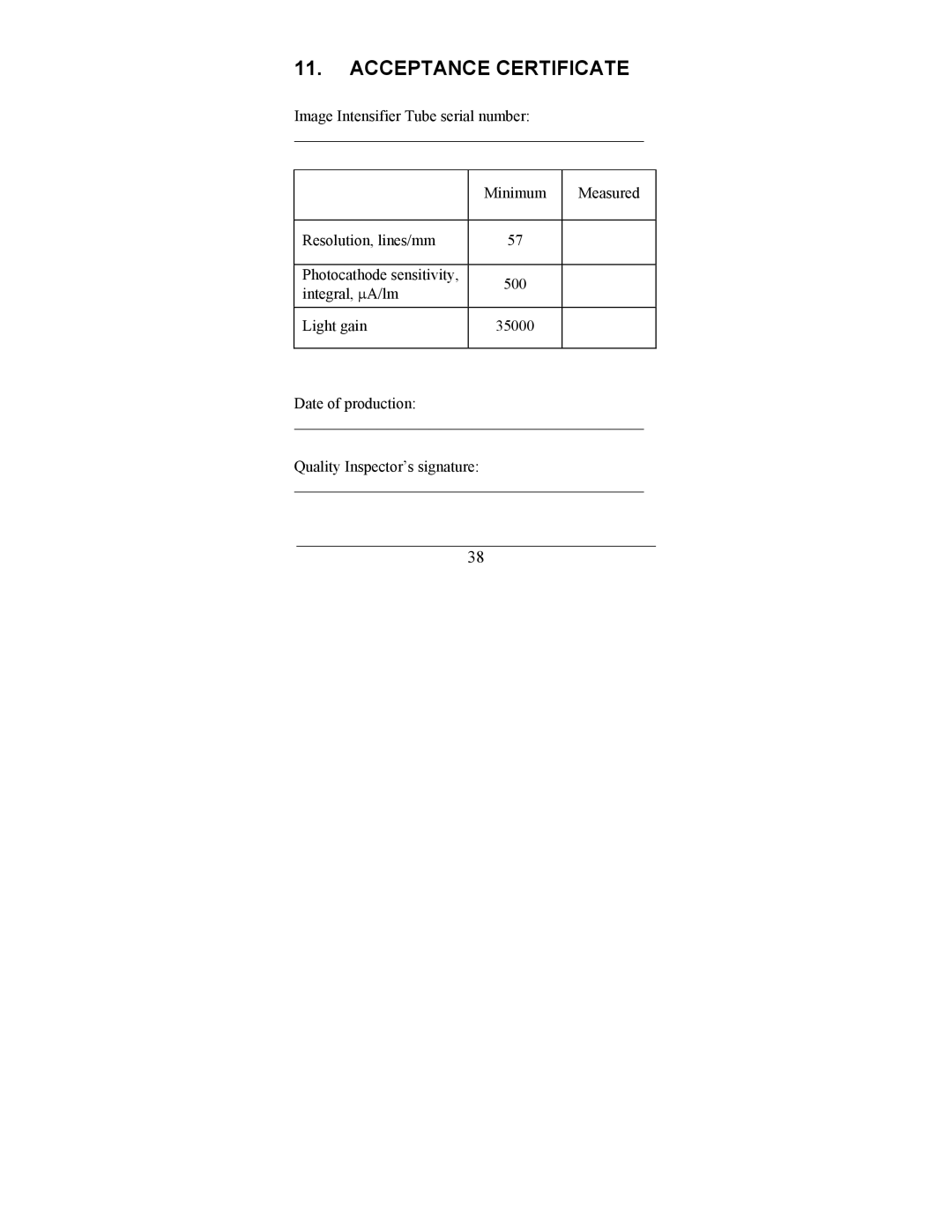 Newcon Optik NVS-33 operation manual Acceptance Certificate 