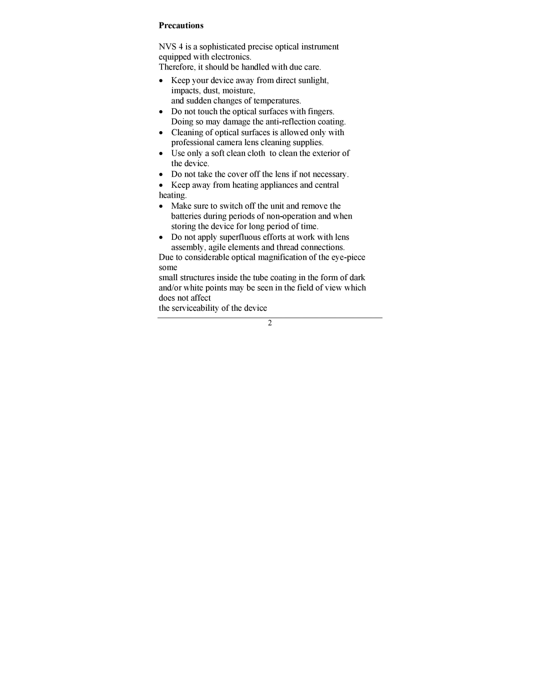 Newcon Optik NVS 4 operation manual Precautions 