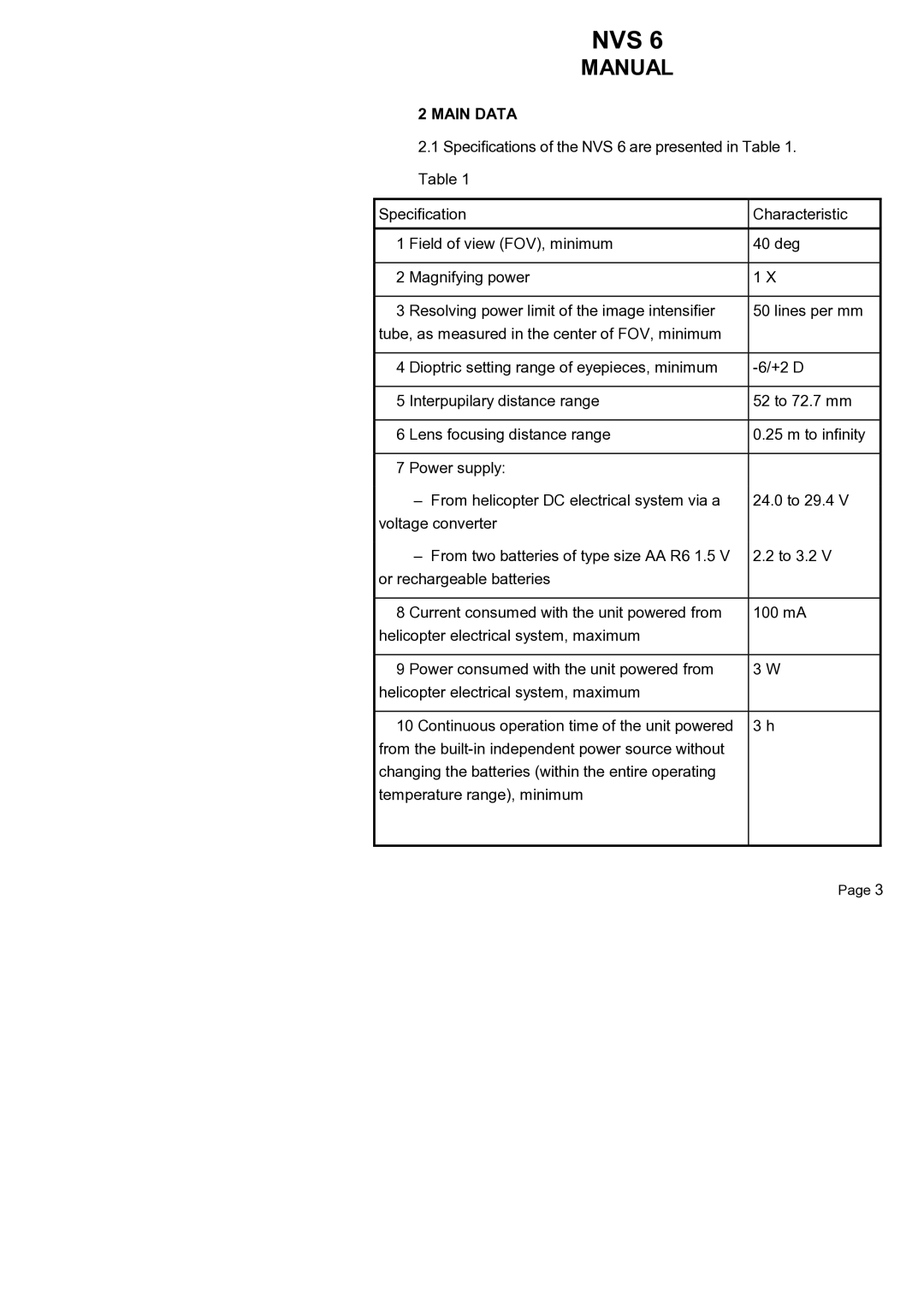 Newcon Optik NVS 6 operation manual Main Data 