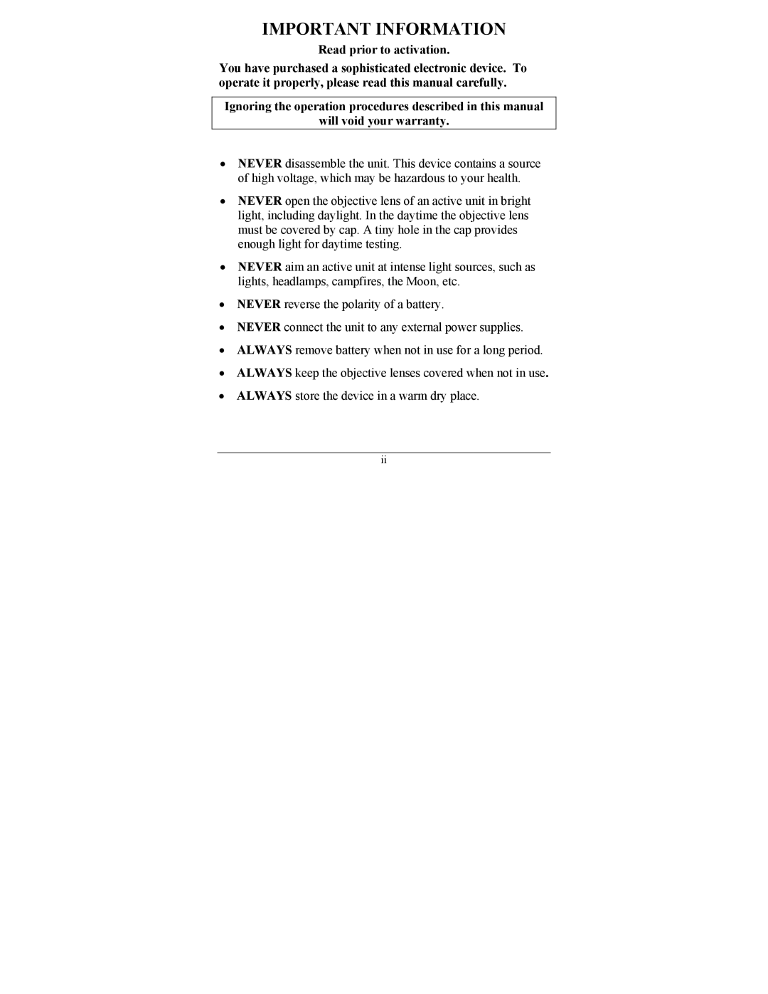 Newcon Optik NVS 7-4X, NVS 7-8X, NVS 7-5X operation manual Important Information 