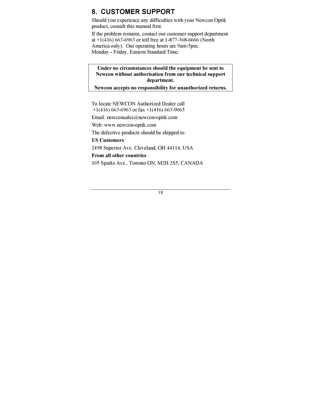 Newcon Optik NVS 7-8X, NVS 7-5X, NVS 7-4X operation manual Customer Support, US Customers, From all other countries 