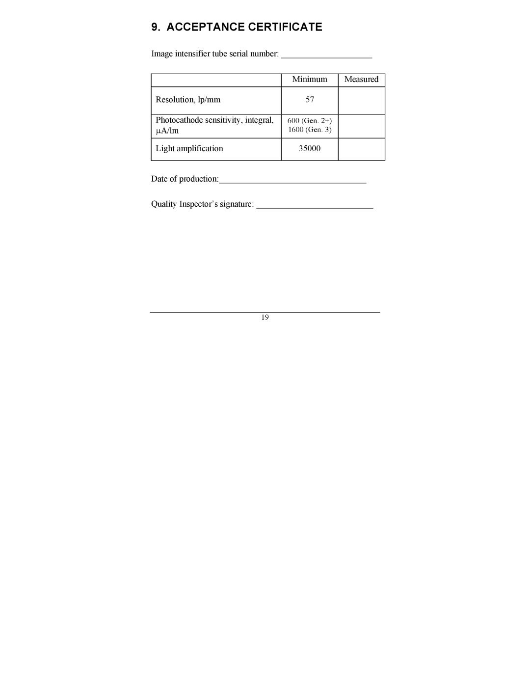 Newcon Optik NVS 7-5X, NVS 7-8X, NVS 7-4X operation manual Acceptance Certificate 