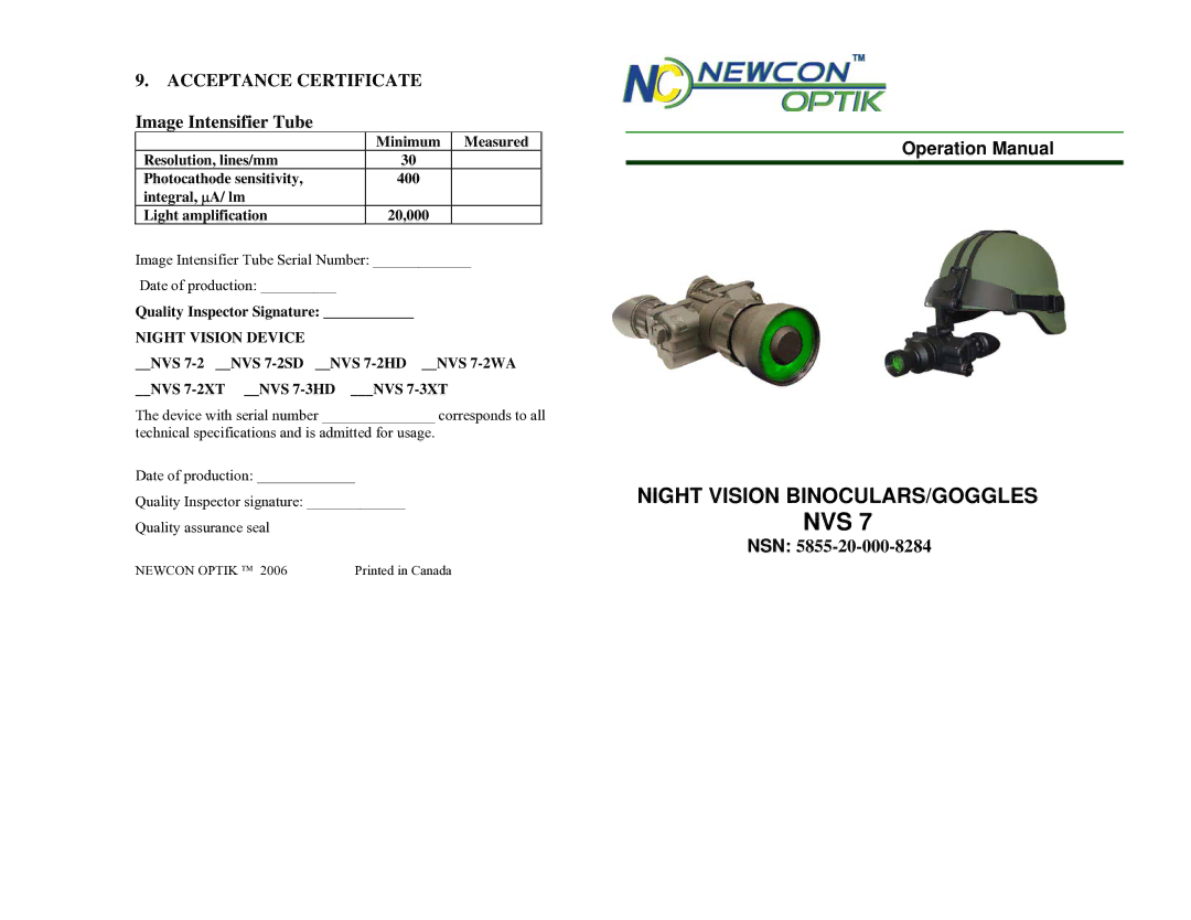 Newcon Optik NVS 7 technical specifications Acceptance Certificate, Image Intensifier Tube, Nsn 