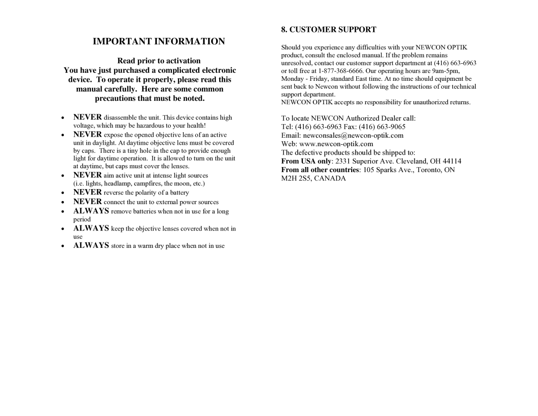 Newcon Optik NVS 7 technical specifications Important Information, Customer Support 