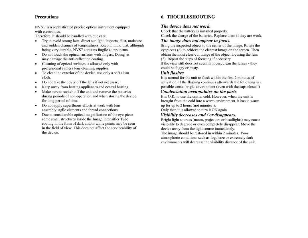 Newcon Optik NVS 7 technical specifications Precautions, Troubleshooting 