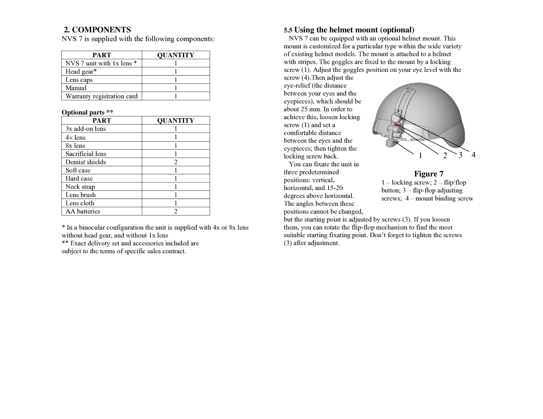 Newcon Optik NVS 7 technical specifications Components, Using the helmet mount optional 