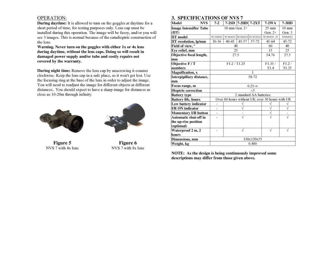 Newcon Optik NVS 7 technical specifications Operation, Specifications of NVS 