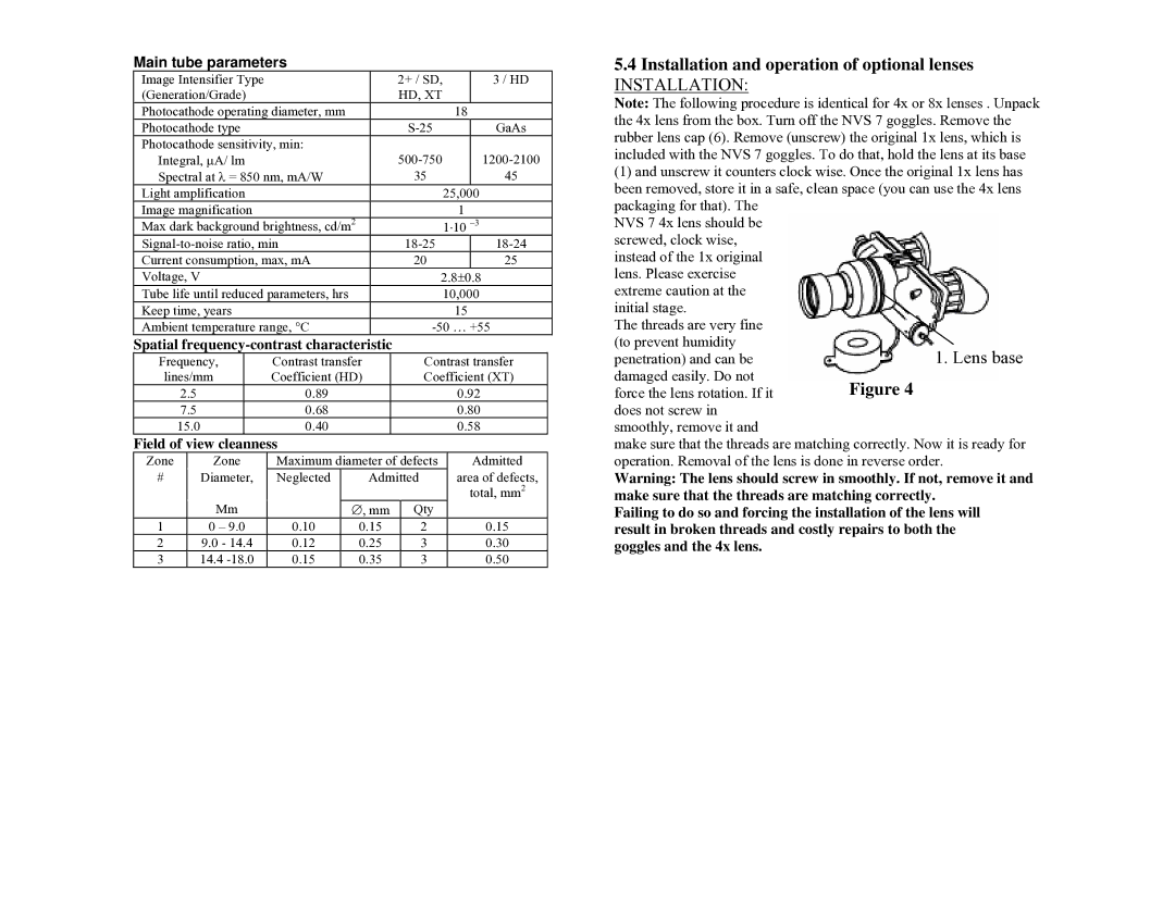 Newcon Optik NVS 7 technical specifications Installation and operation of optional lenses, Main tube parameters 