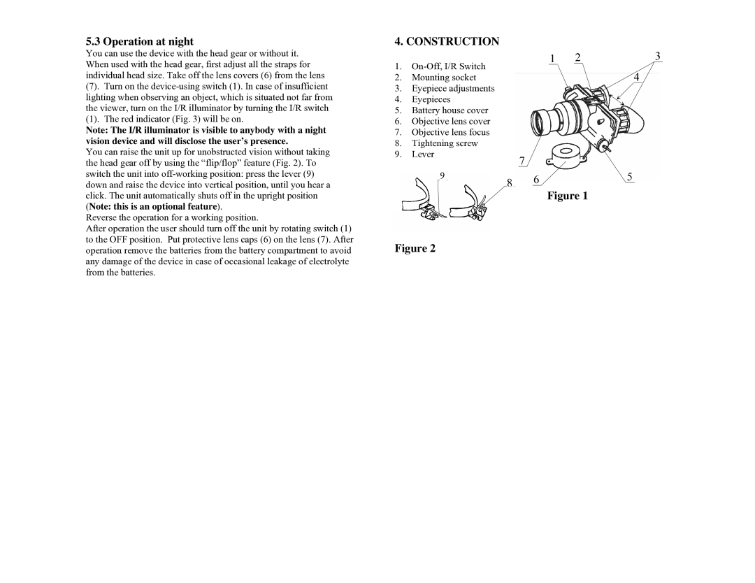 Newcon Optik NVS 7 technical specifications Operation at night, Construction 