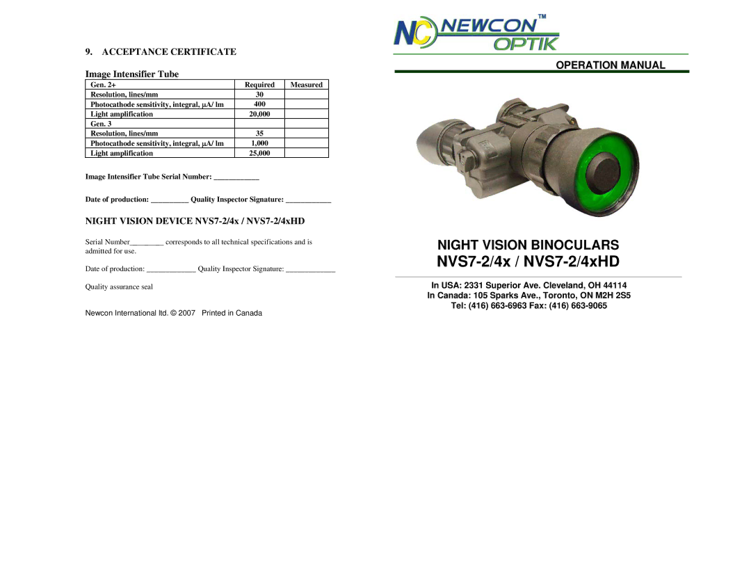 Newcon Optik NVS7-2/4xHD technical specifications Acceptance Certificate Image Intensifier Tube 