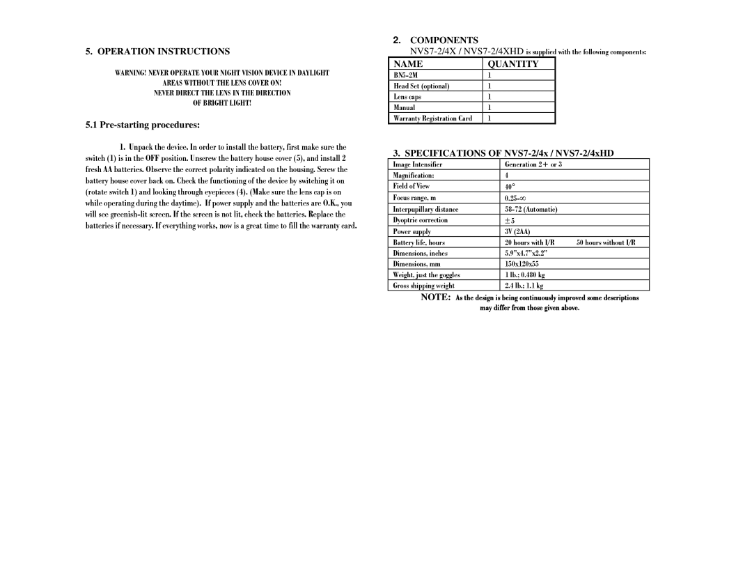 Newcon Optik Operation Instructions, Components, Name Quantity, Specifications of NVS7-2/4x / NVS7-2/4xHD 