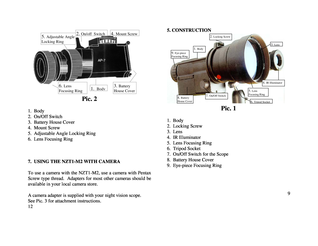 Newcon Optik operation manual Pic, Construction, USING THE NZT1-M2WITH CAMERA 