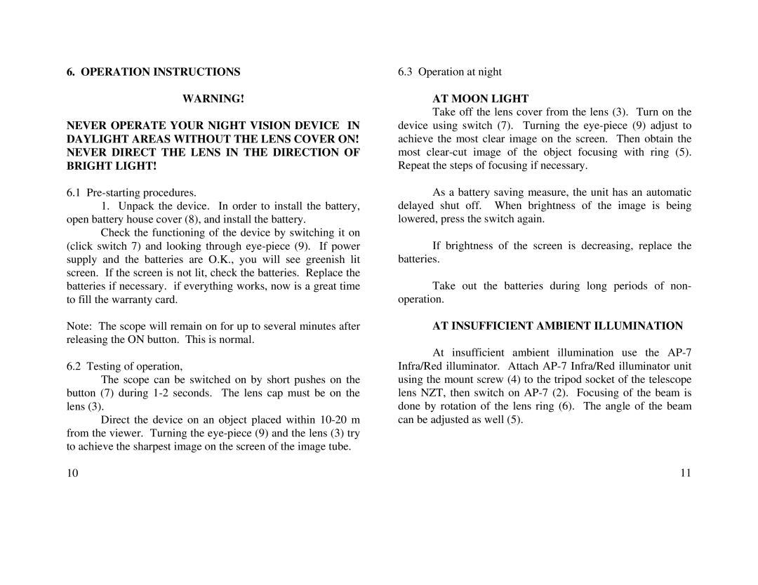 Newcon Optik NZT1-M2 operation manual AT Moon Light, AT Insufficient Ambient Illumination 