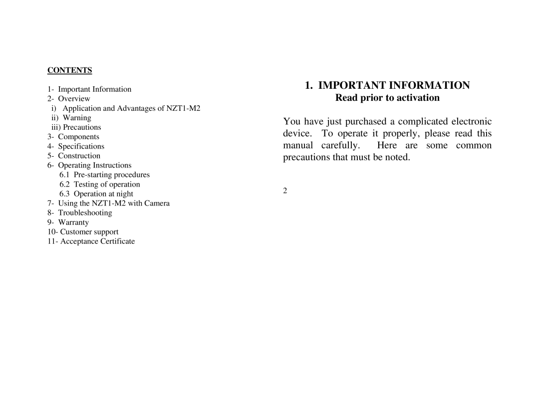 Newcon Optik NZT1-M2 operation manual Important Information, Contents 