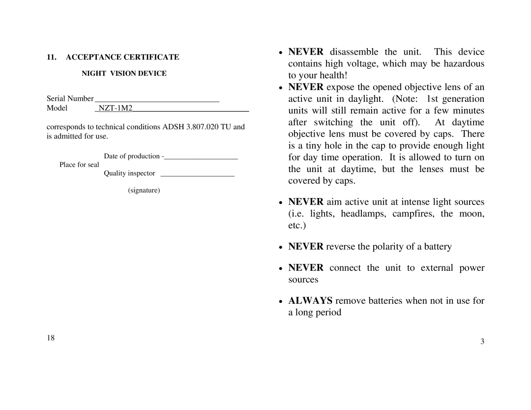 Newcon Optik NZT1-M2 operation manual Acceptance Certificate, Model NZT-1M2 