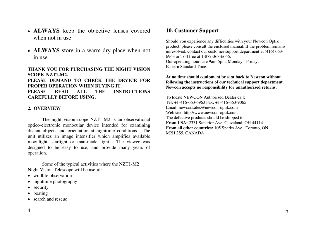 Newcon Optik NZT1-M2 operation manual Customer Support 