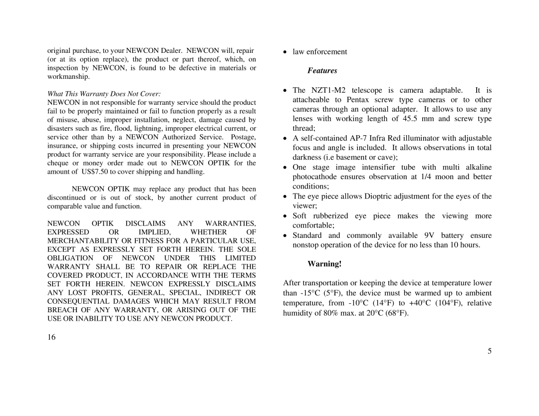 Newcon Optik NZT1-M2 operation manual Features 