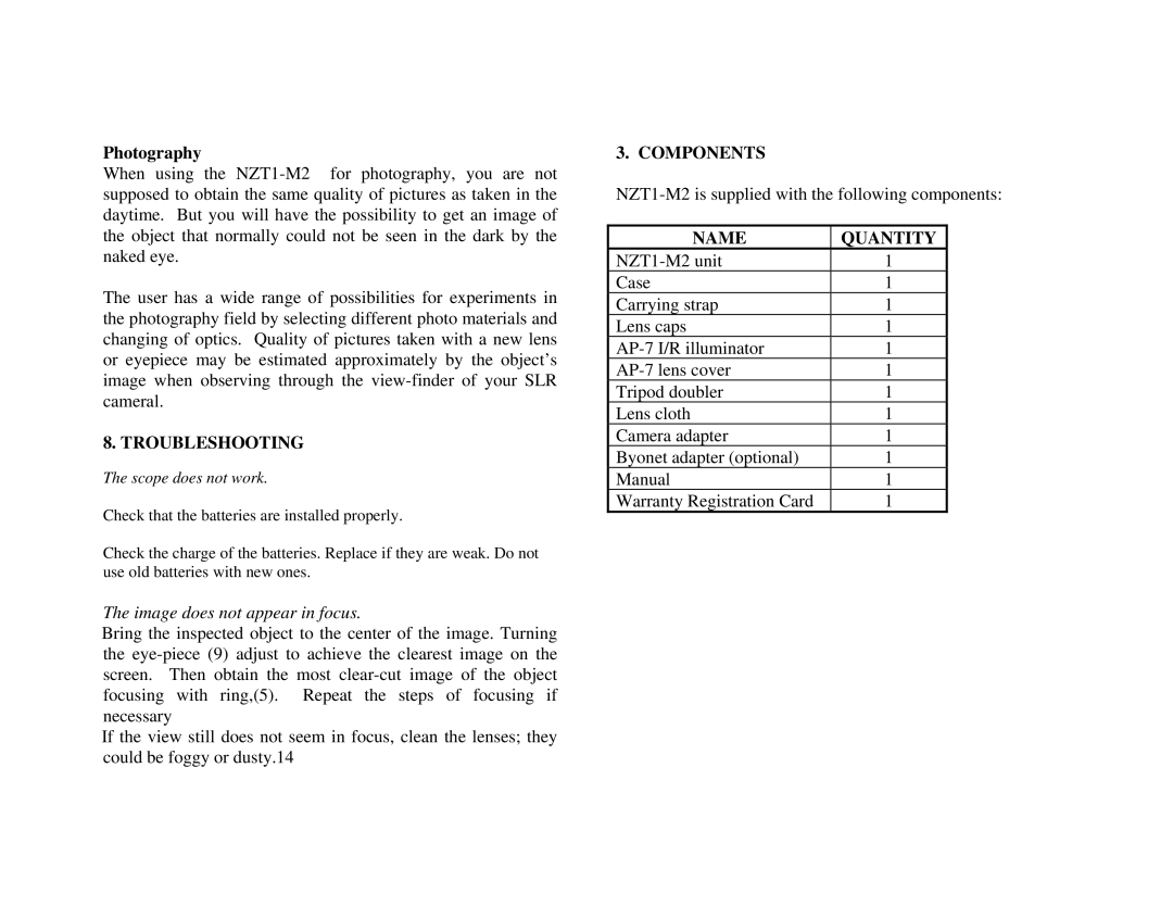 Newcon Optik NZT1-M2 operation manual Photography, Troubleshooting, Components, Name Quantity 