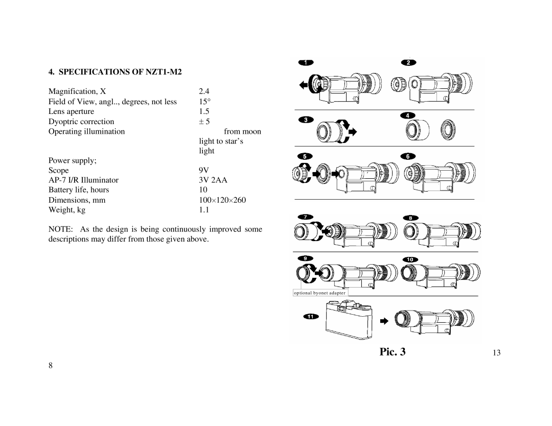 Newcon Optik operation manual Pic, Specifications of NZT1-M2 