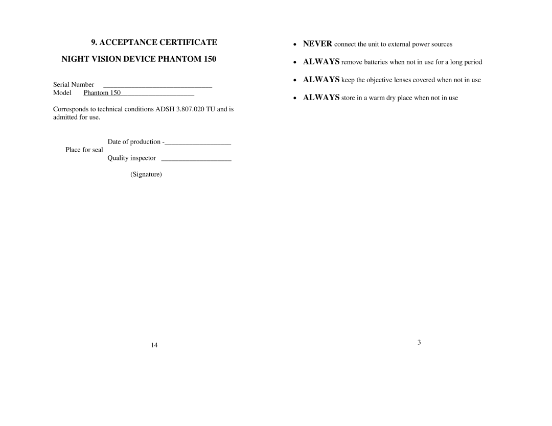 Newcon Optik Phantom 150 operation manual Acceptance Certificate Night Vision Device Phantom 