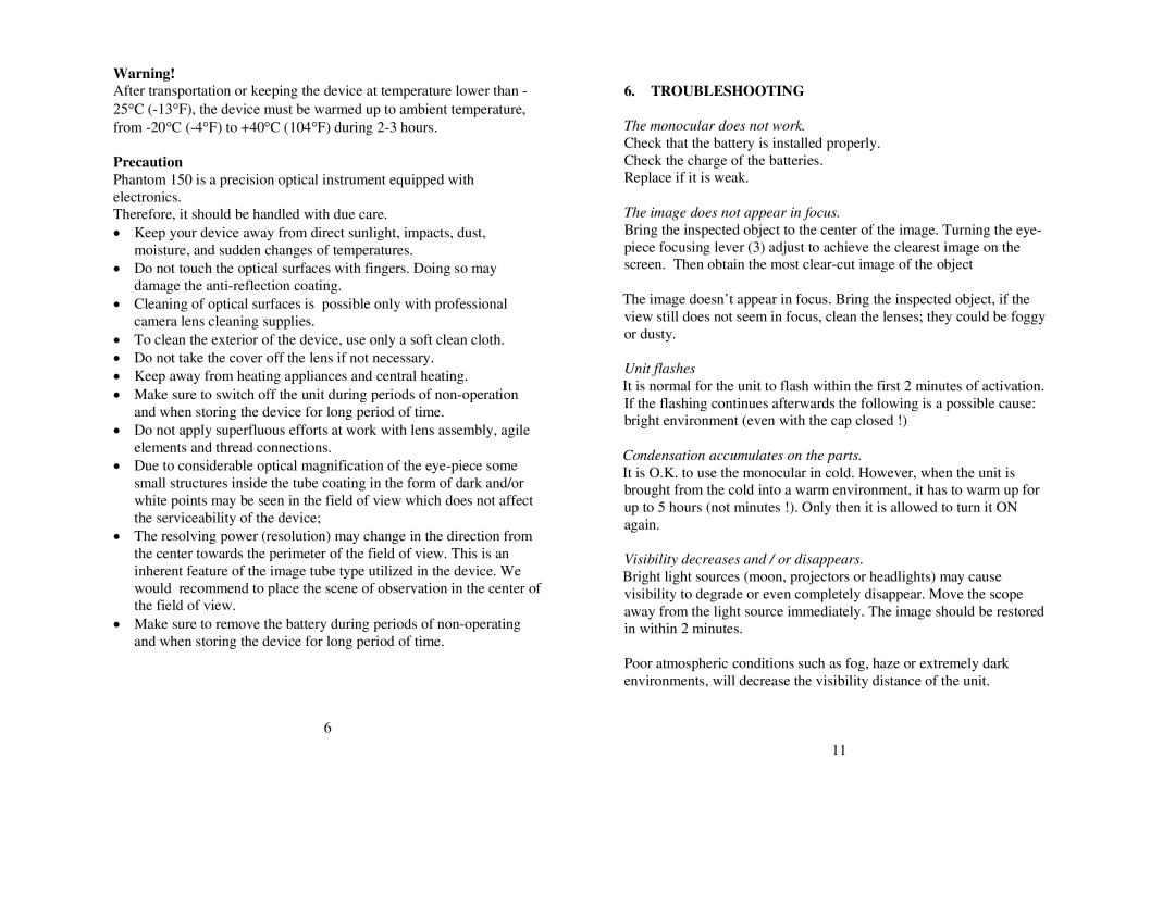 Newcon Optik Phantom 150 operation manual Precaution, Troubleshooting 