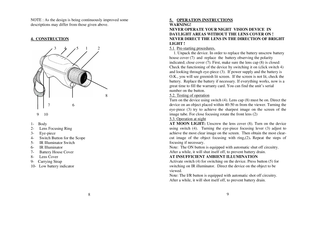 Newcon Optik Phantom 150 operation manual Construction, AT Insufficient Ambient Illumination 