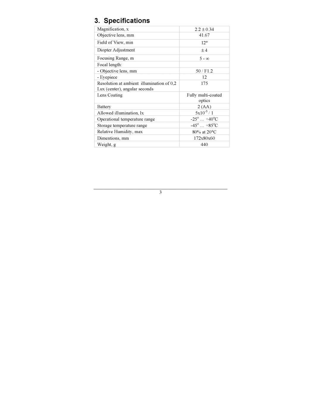 Newcon Optik PYGMY 2M operation manual Specifications 