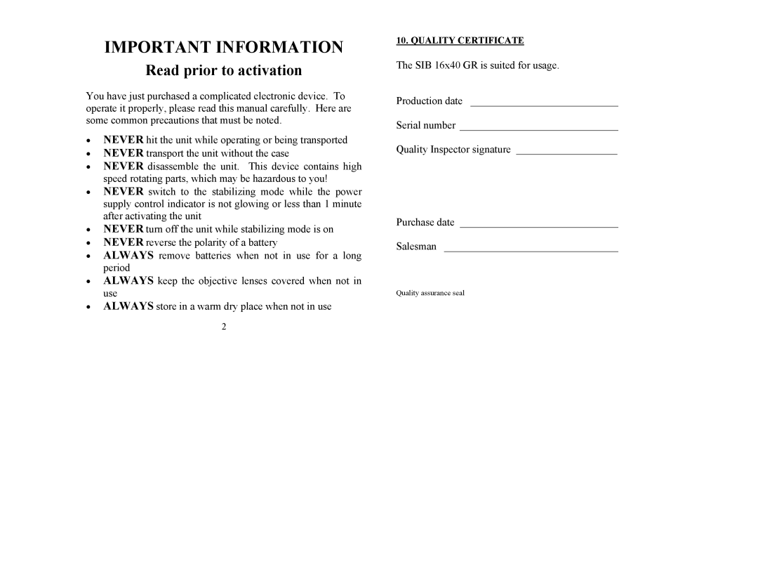 Newcon Optik SIB 16x40 GR operation manual Important Information 