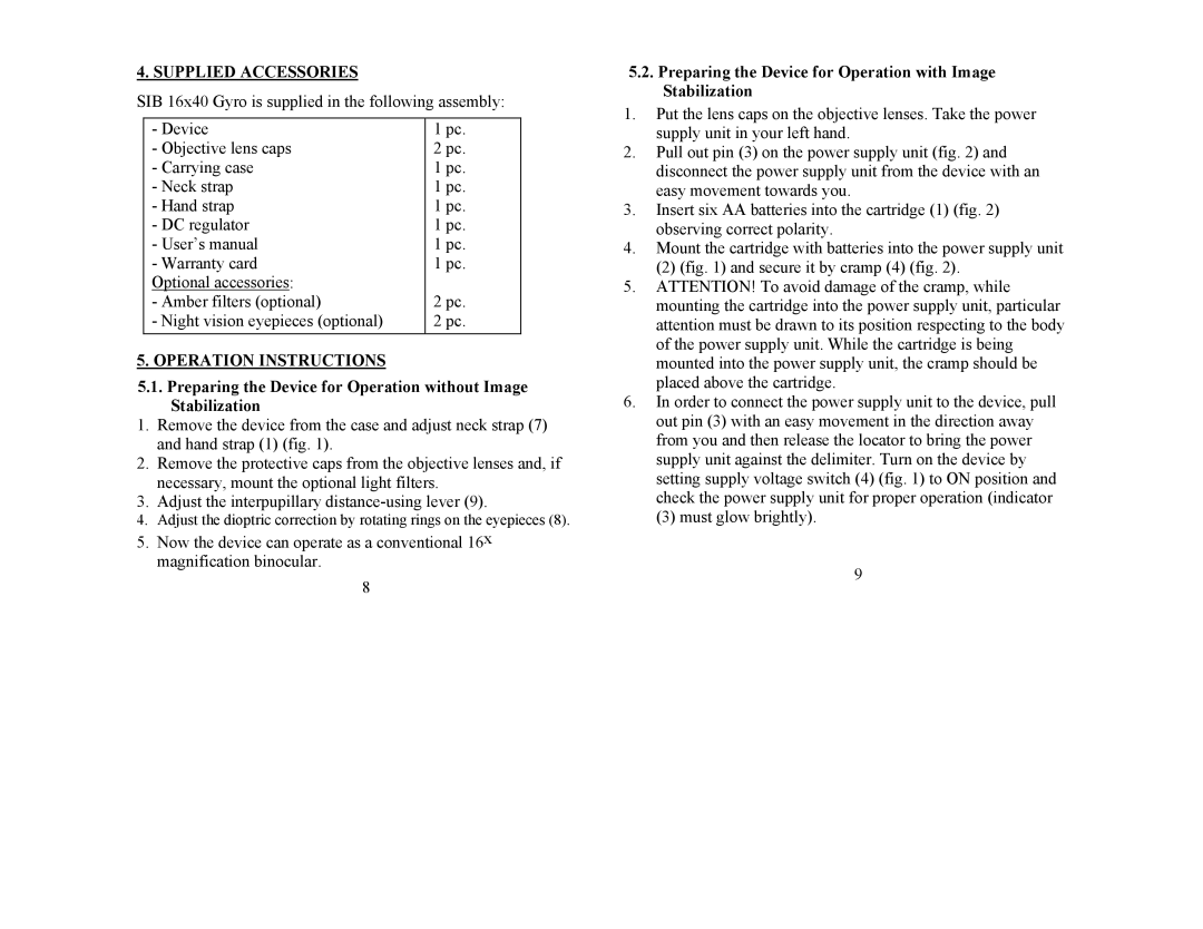 Newcon Optik SIB 16x40 GR operation manual Supplied Accessories, Operation Instructions 