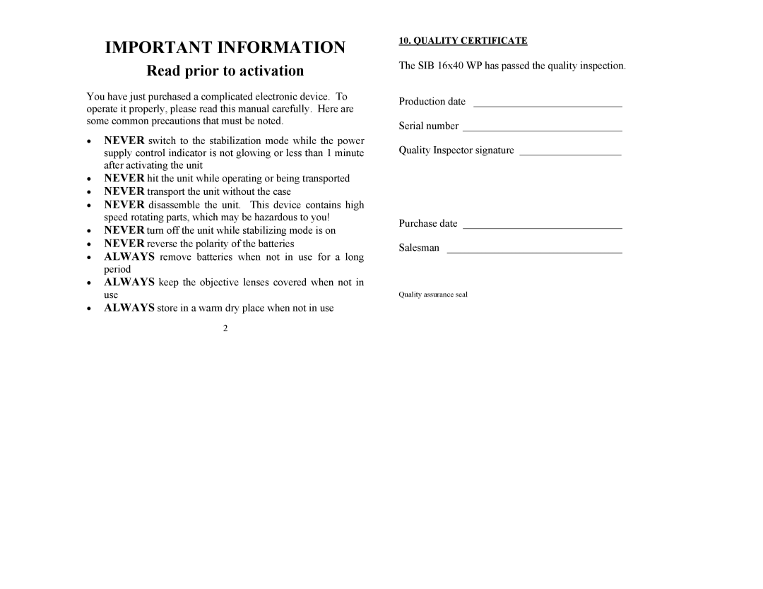 Newcon Optik SIB 16X40 WP operation manual Important Information 