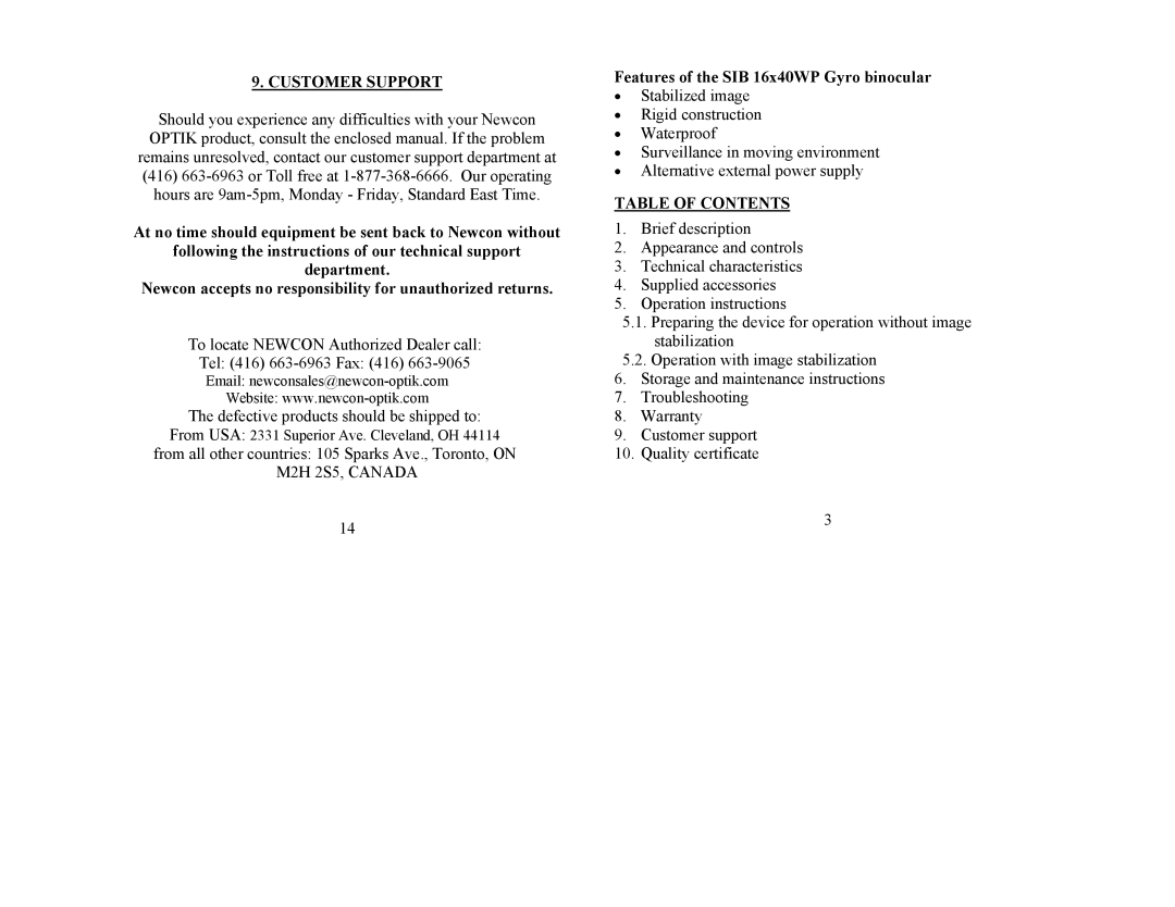 Newcon Optik SIB 16X40 WP operation manual Customer Support, Table of Contents 