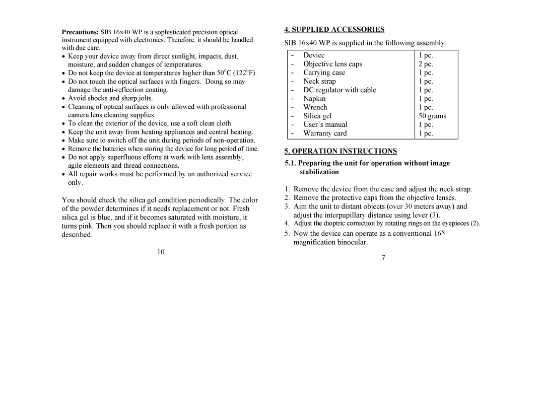 Newcon Optik SIB 16X40 WP operation manual Supplied Accessories, Operation Instructions 