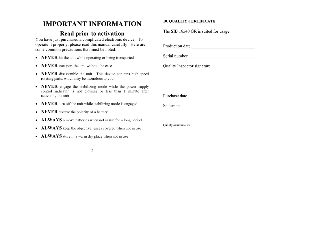 Newcon Optik SIB 16X40 operation manual Important Information 