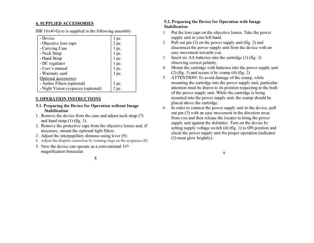 Newcon Optik SIB 16X40 operation manual Supplied Accessories, Operation Instructions 