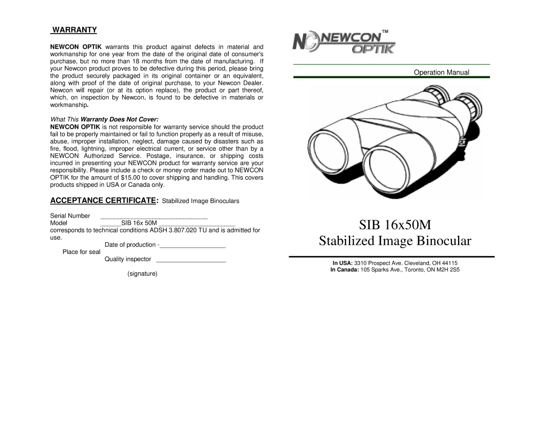 Newcon Optik warranty SIB 16x50M Stabilized Image Binocular, What This Warranty Does Not Cover 