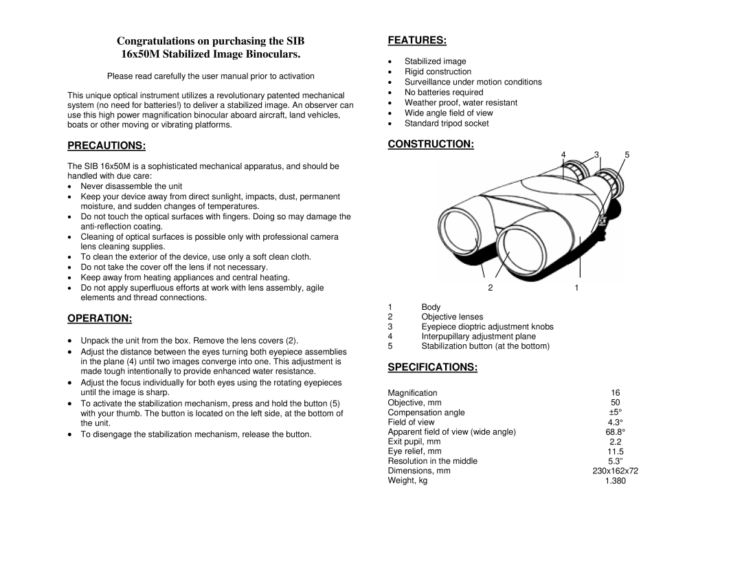 Newcon Optik SIB 16x50M warranty Precautions, Operation, Features, Construction, Specifications 