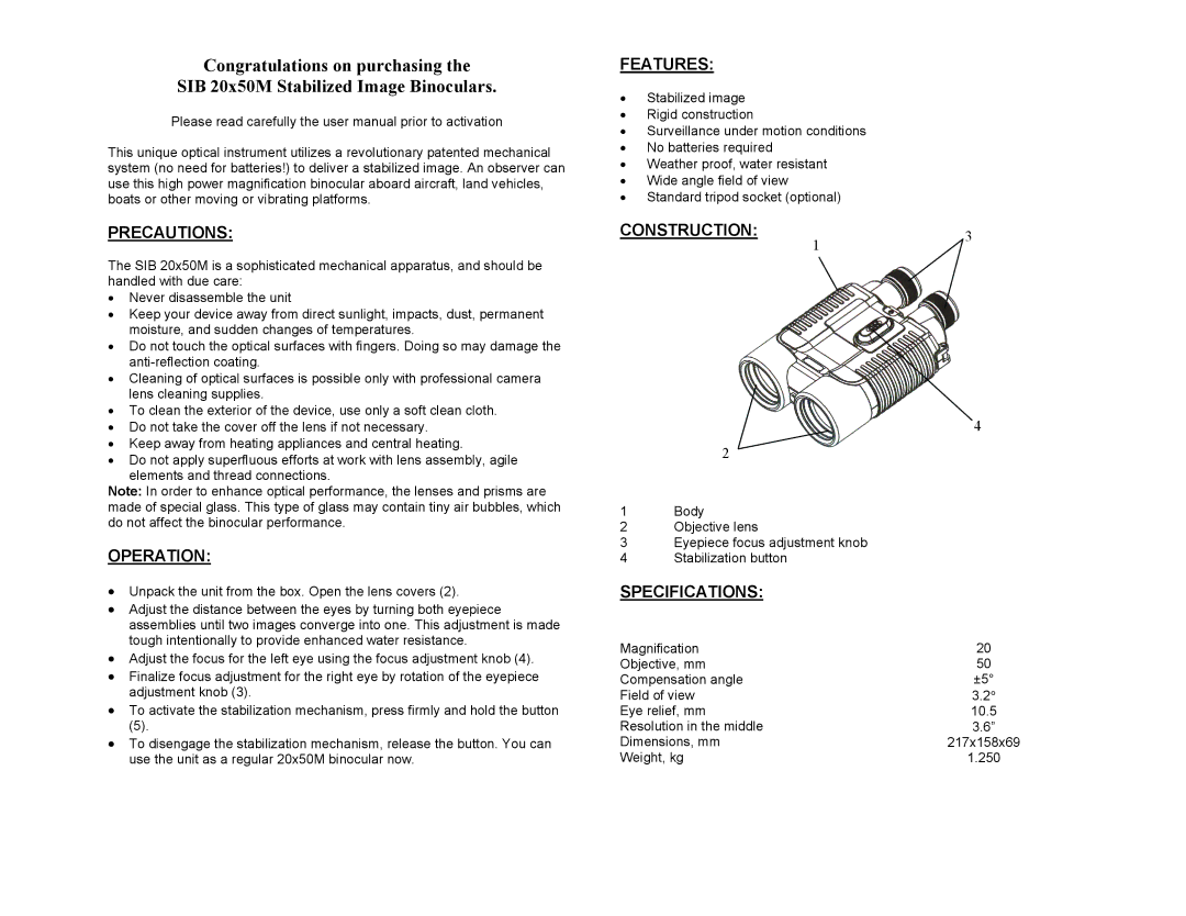 Newcon Optik SIB 20X 50M warranty Precautions, Operation, Features, Construction, Specifications 