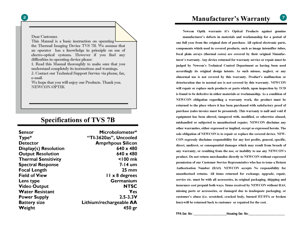 Newcon Optik TVS 7B user manual Manufacturer’s Warranty 