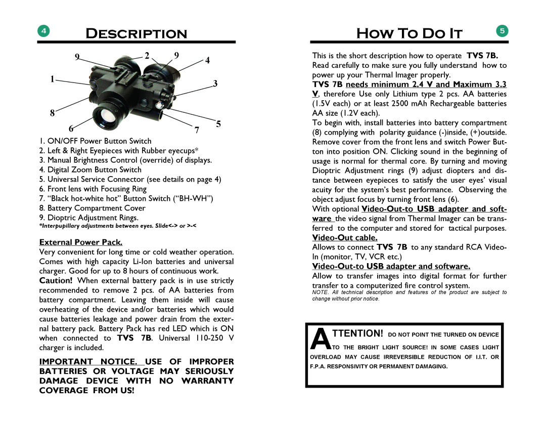 Newcon Optik TVS 7B user manual Description, External Power Pack 