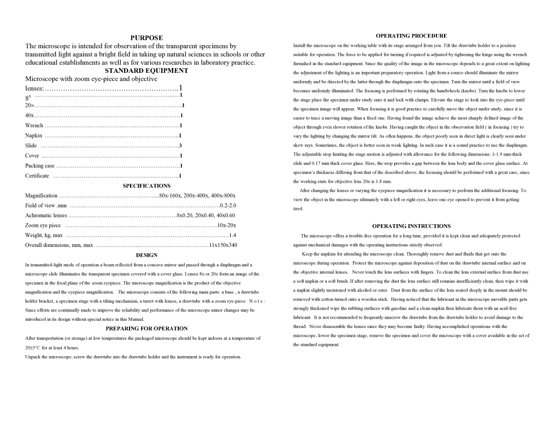 Newcon Optik YUNNAT-2P-3 operation manual Purpose, Standard Equipment 