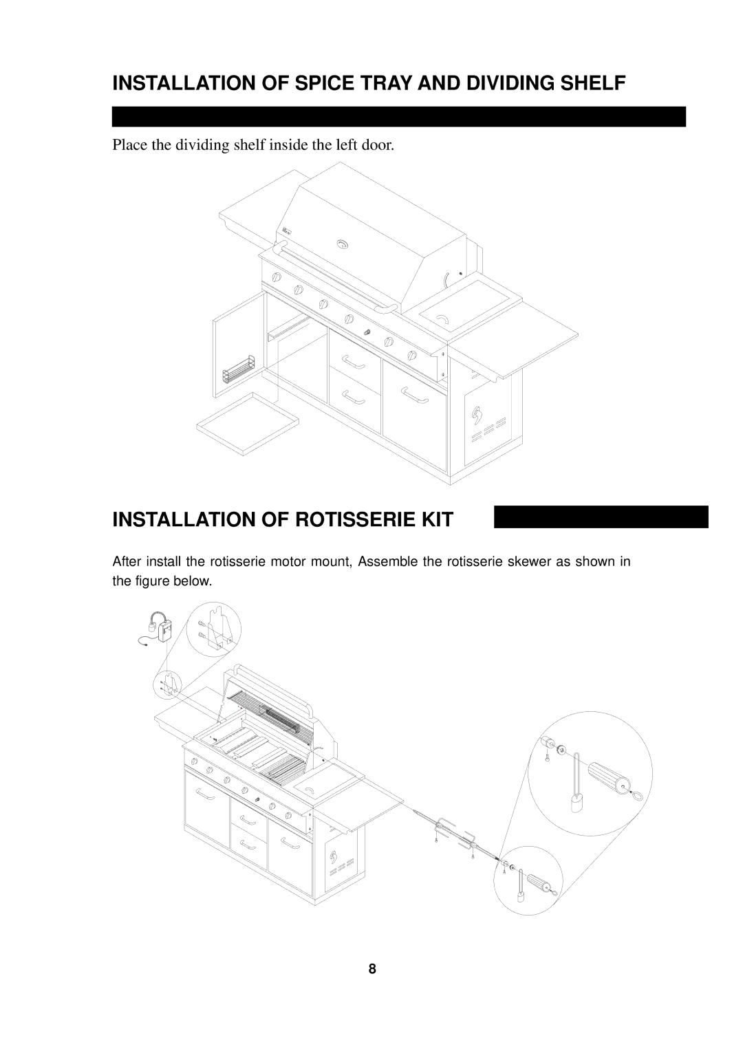 Nexgrill 720-0050-LP manual Installation of Spice Tray and Dividing Shelf, Installation of Rotisserie KIT 