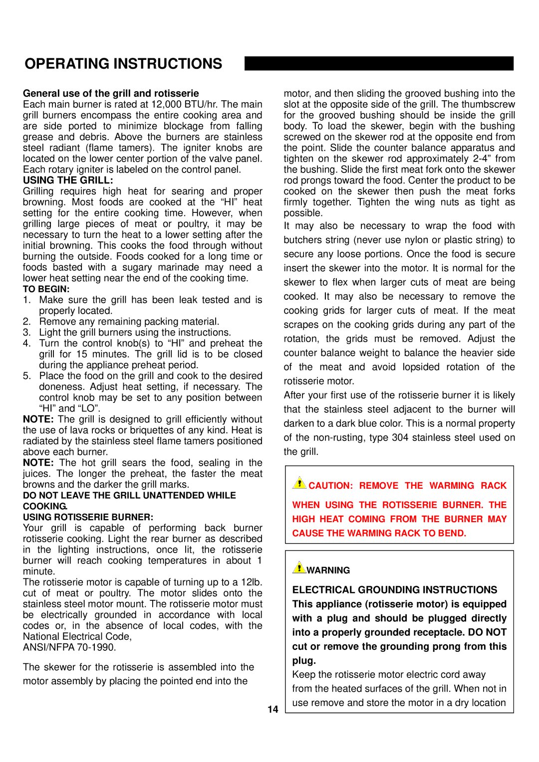 Nexgrill 720-0050-LP manual Operating Instructions, Using the Grill, Electrical Grounding Instructions 